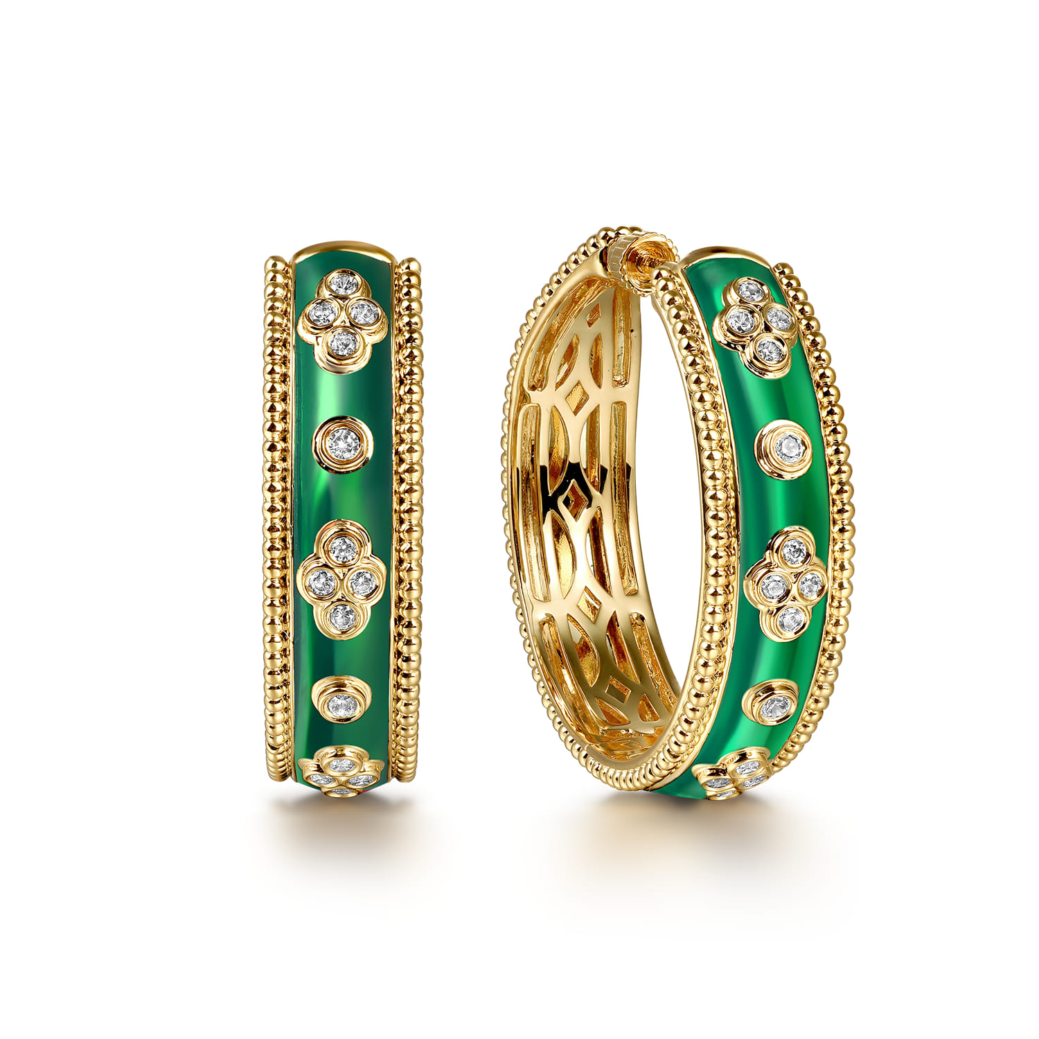 Enamel - 14K Yellow Gold Bujukan Diamond Classic Hoop Earrings with Chrome Green Enamel - 0.3 ct - Shot 1