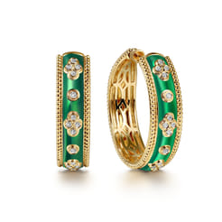 Enamel - 14K Yellow Gold Bujukan Diamond Classic Hoop Earrings with Chrome Green Enamel