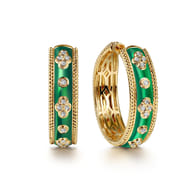 Enamel - 14K Yellow Gold Bujukan Diamond Classic Hoop Earrings with Chrome Green Enamel
