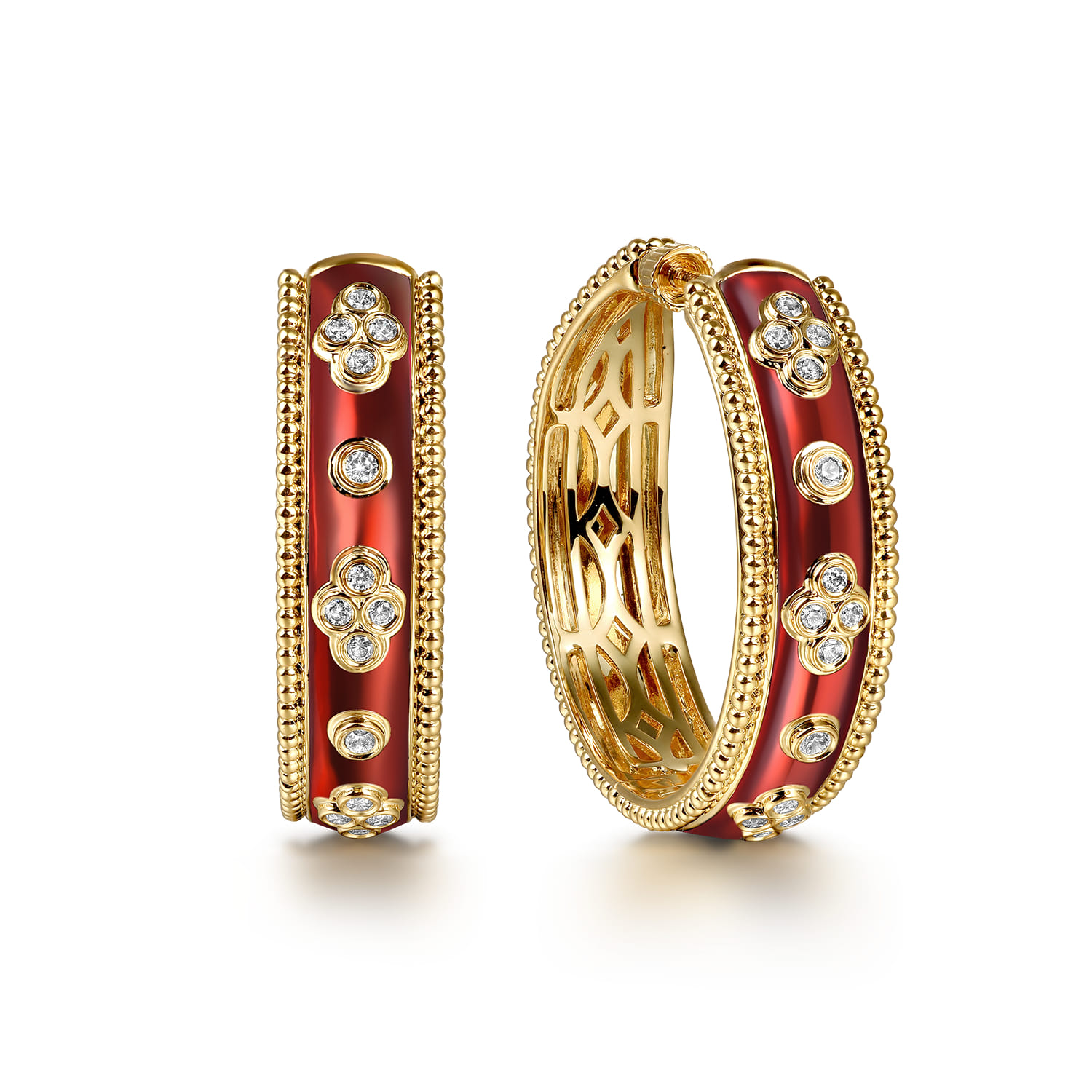 Enamel - 14K Yellow Gold Bujukan Diamond Classic Hoop Earrings with Chrome Red Enamel - 0.3 ct - Shot 1