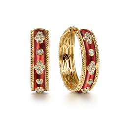 Enamel - 14K Yellow Gold Bujukan Diamond Classic Hoop Earrings with Chrome Red Enamel