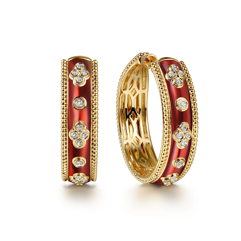 Enamel - 14K Yellow Gold Bujukan Diamond Classic Hoop Earrings with Chrome Red Enamel - 0.3 ct - Shot 1