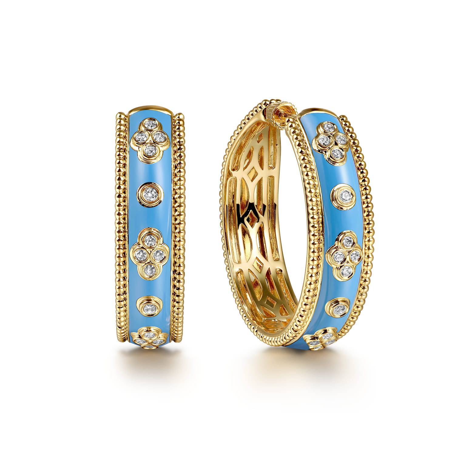 Enamel - 14K Yellow Gold Bujukan Diamond Classic Hoop Earrings with Dusk Blue Enamel - 0.3 ct - Shot 1