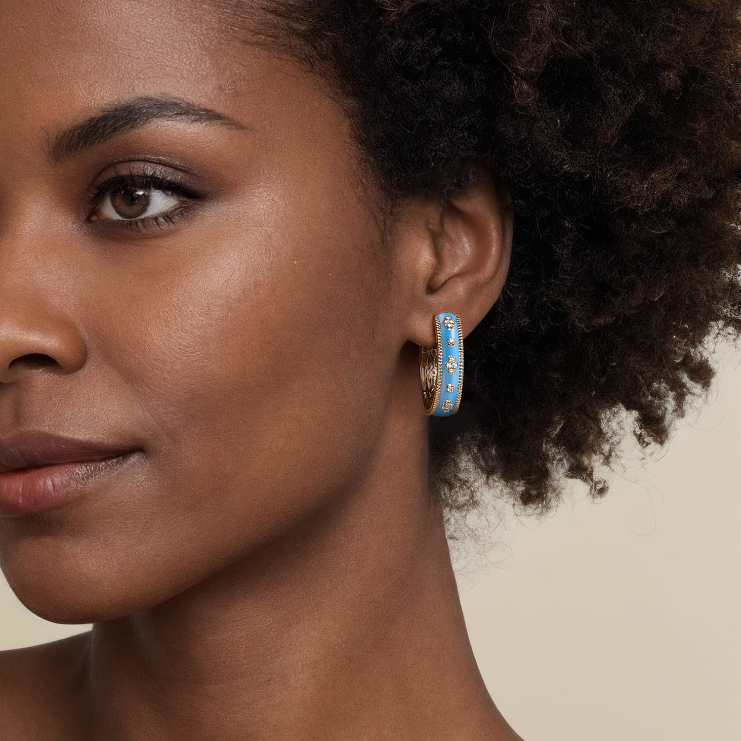 Enamel - 14K Yellow Gold Bujukan Diamond Classic Hoop Earrings with Dusk Blue Enamel - 0.3 ct - Shot 2