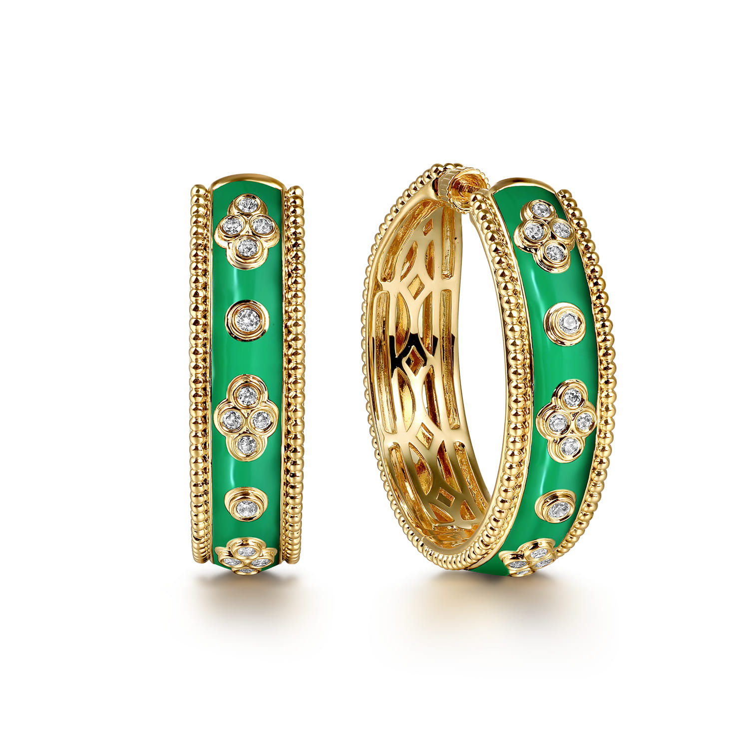 Enamel - 14K Yellow Gold Bujukan Diamond Classic Hoop Earrings with Emerald Green Enamel - 0.3 ct - Shot 1