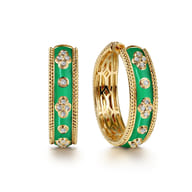 Enamel - 14K Yellow Gold Bujukan Diamond Classic Hoop Earrings with Emerald Green Enamel