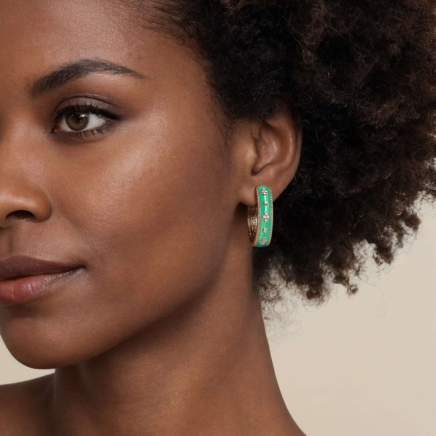 Enamel - 14K Yellow Gold Bujukan Diamond Classic Hoop Earrings with Emerald Green Enamel - 0.3 ct - Shot 2