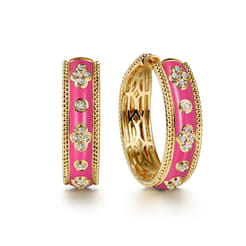 Enamel - 14K Yellow Gold Bujukan Diamond Classic Hoop Earrings with Fuchsia Enamel
