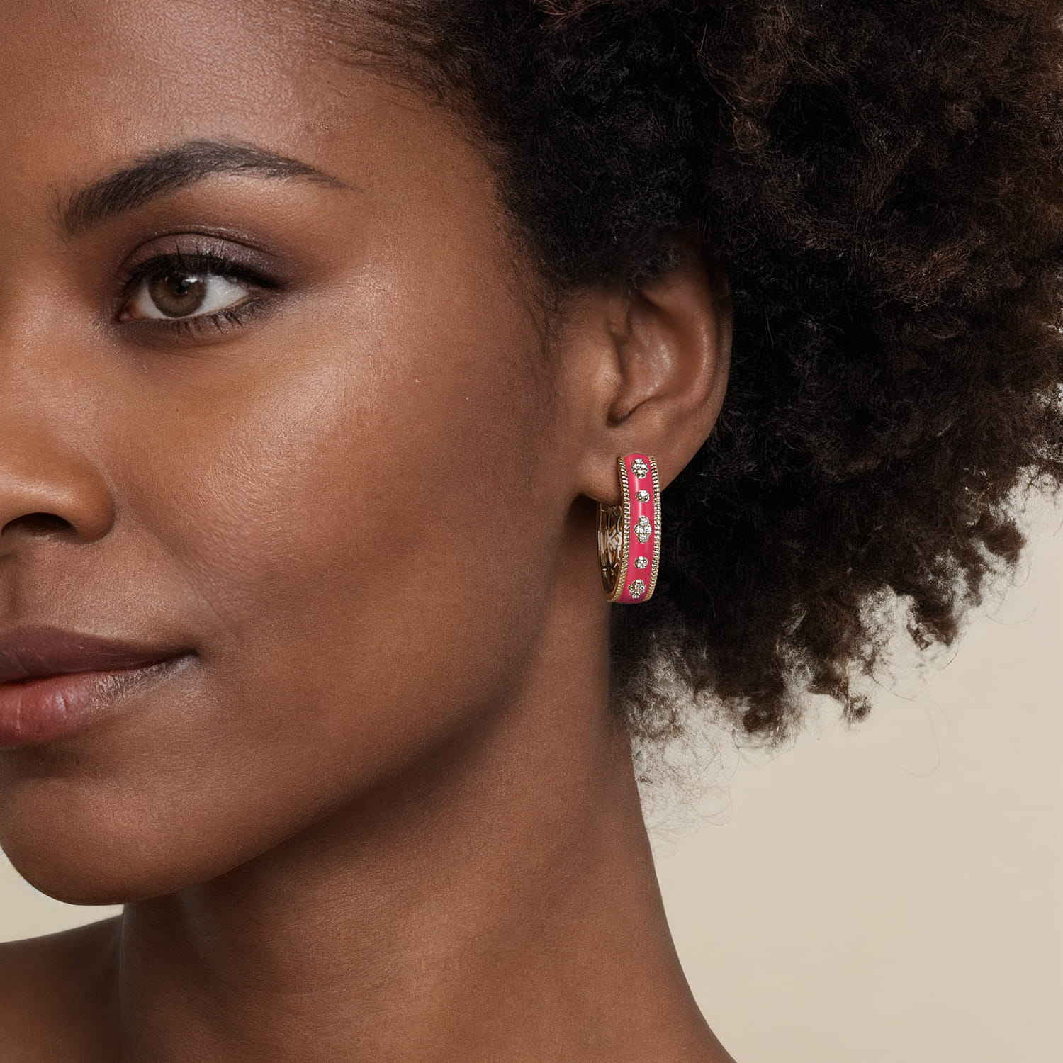 Enamel - 14K Yellow Gold Bujukan Diamond Classic Hoop Earrings with Fuchsia Enamel - 0.3 ct - Shot 2
