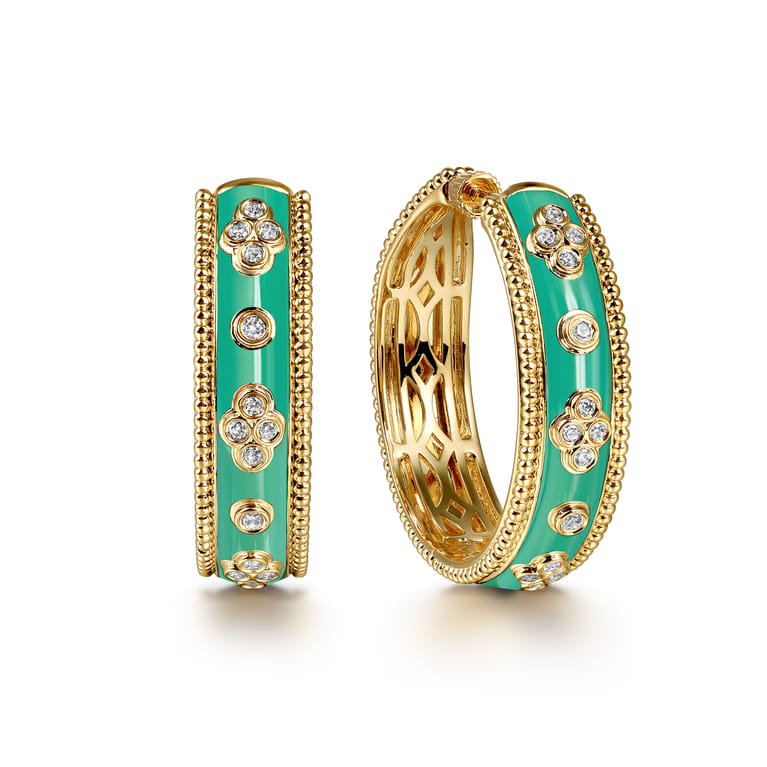 Enamel - 14K Yellow Gold Bujukan Diamond Classic Hoop Earrings with Mint Green Enamel - 0.3 ct - Shot 1