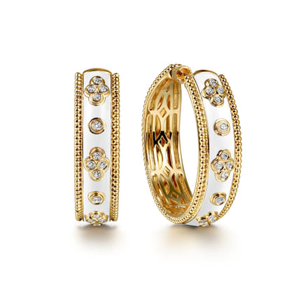 Enamel - 14K Yellow Gold Bujukan Diamond Classic Hoop Earrings with White Enamel