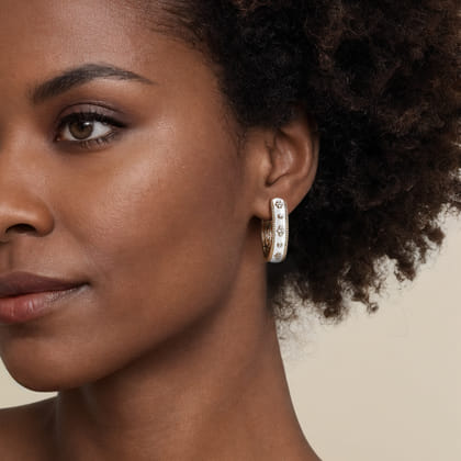 Enamel - 14K Yellow Gold Bujukan Diamond Classic Hoop Earrings with White Enamel