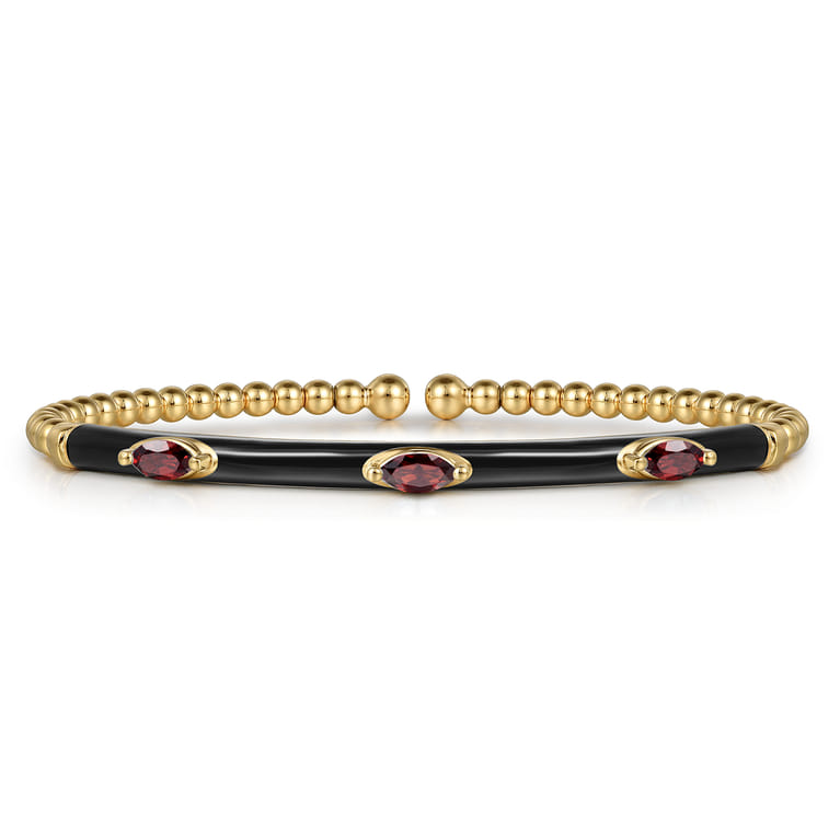Enamel - 14K Yellow Gold Bujukan Garnet Split Bangle with Black Enamel - Shot 1