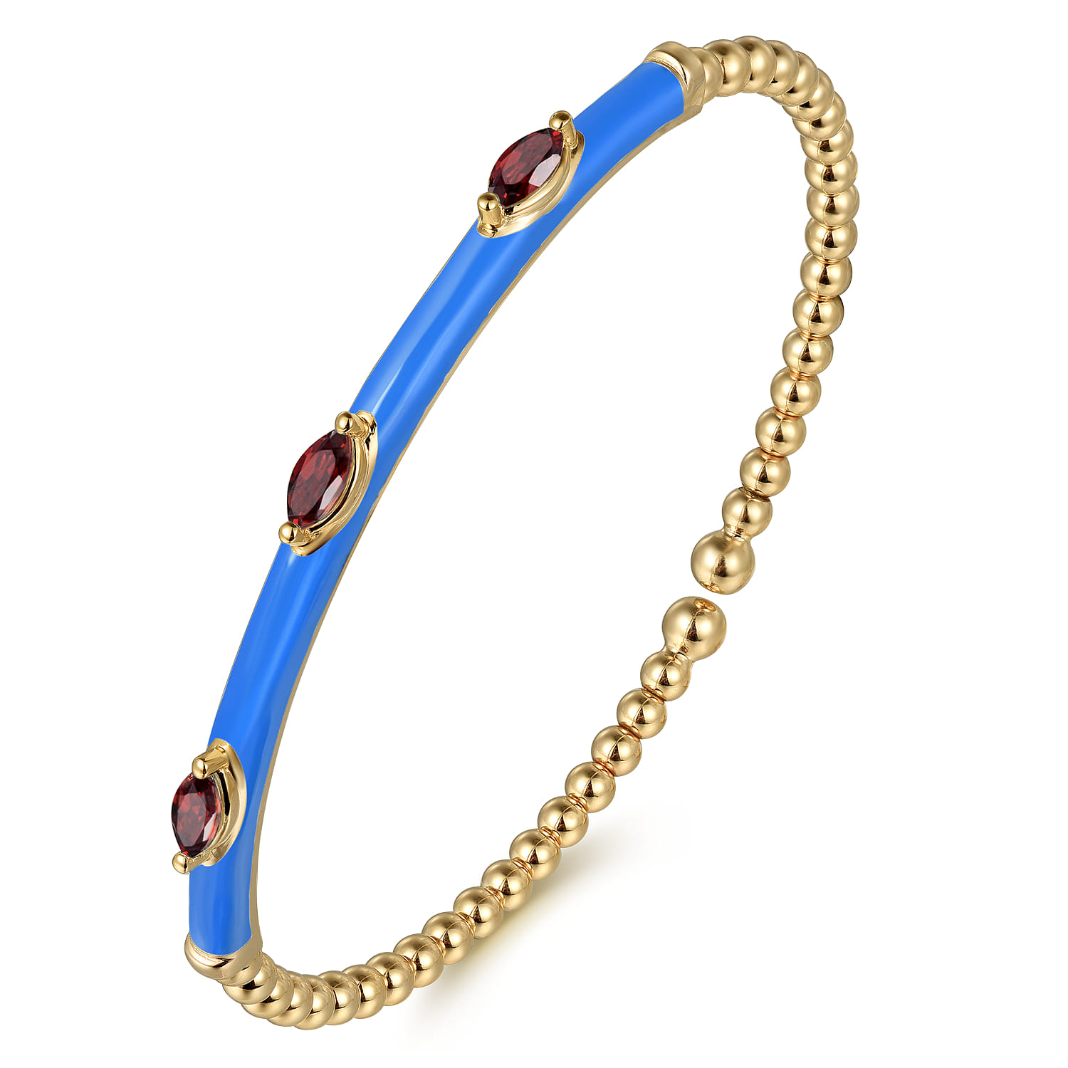 Enamel - 14K Yellow Gold Bujukan Garnet Split Bangle with Blue Enamel - Shot 2