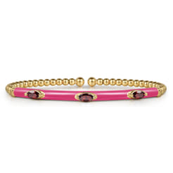 Enamel - 14K Yellow Gold Bujukan Garnet Split Bangle with Fuchsia Enamel