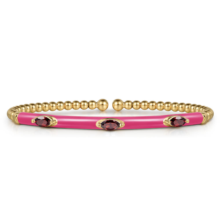 Enamel - 14K Yellow Gold Bujukan Garnet Split Bangle with Fuchsia Enamel - Shot 1