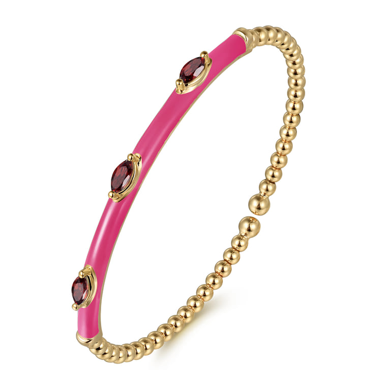 Enamel - 14K Yellow Gold Bujukan Garnet Split Bangle with Fuchsia Enamel - Shot 2