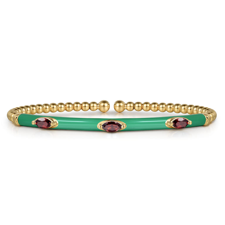 Enamel - 14K Yellow Gold Bujukan Garnet Split Bangle with Mint Green Enamel - Shot 1
