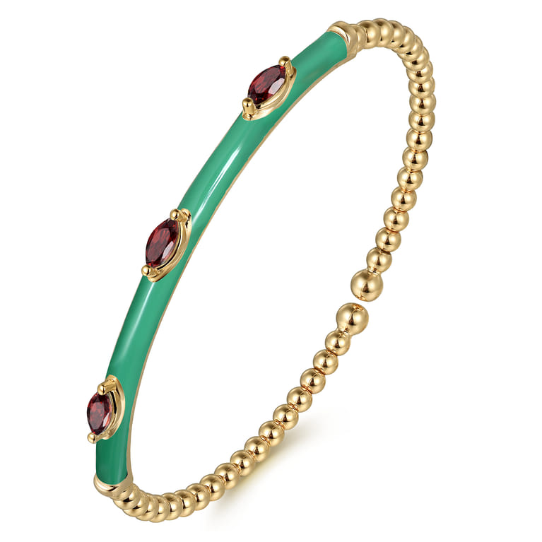 Enamel - 14K Yellow Gold Bujukan Garnet Split Bangle with Mint Green Enamel - Shot 2
