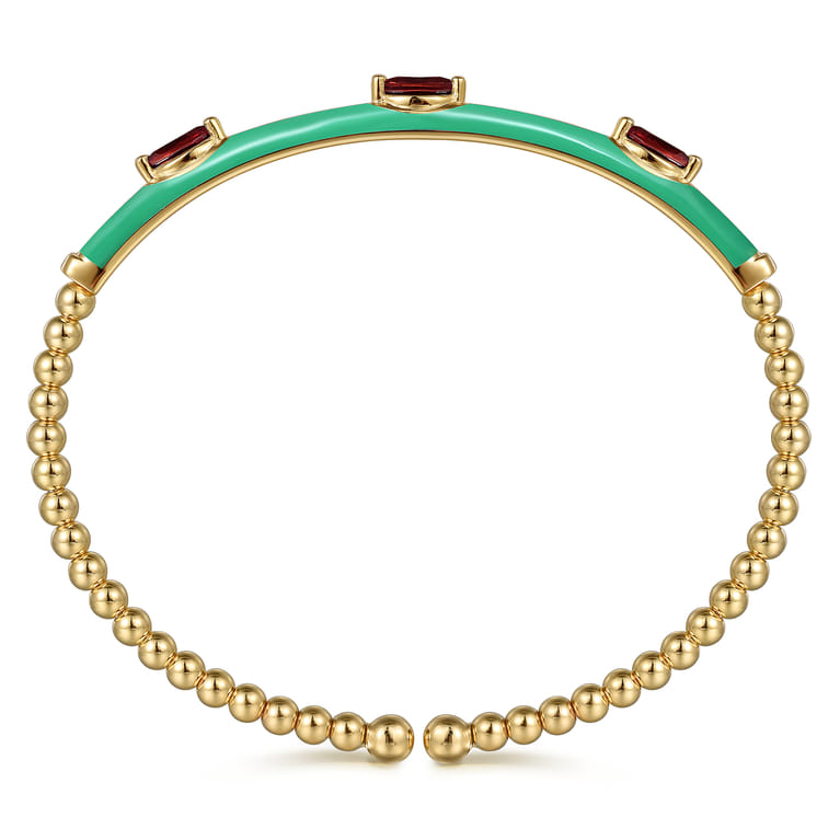 Enamel - 14K Yellow Gold Bujukan Garnet Split Bangle with Mint Green Enamel - Shot 3