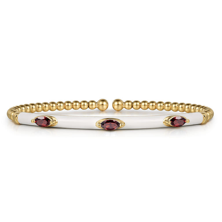 Enamel - 14K Yellow Gold Bujukan Garnet Split Bangle with White Enamel - Shot 1