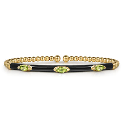 Enamel - 14K Yellow Gold Bujukan Peridot Split Bangle with Black Enamel