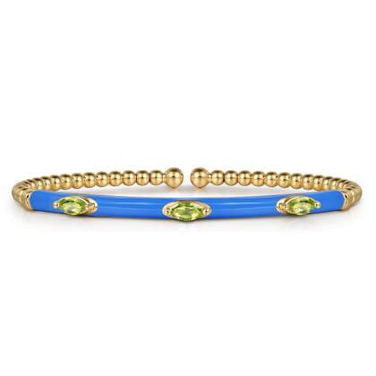 Enamel - 14K Yellow Gold Bujukan Peridot Split Bangle with Blue Enamel