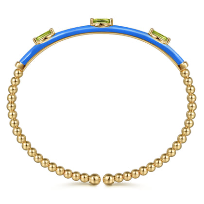 Enamel - 14K Yellow Gold Bujukan Peridot Split Bangle with Blue Enamel