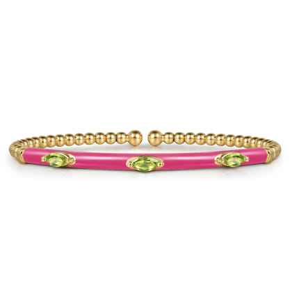 Enamel - 14K Yellow Gold Bujukan Peridot Split Bangle with Fuchsia Enamel
