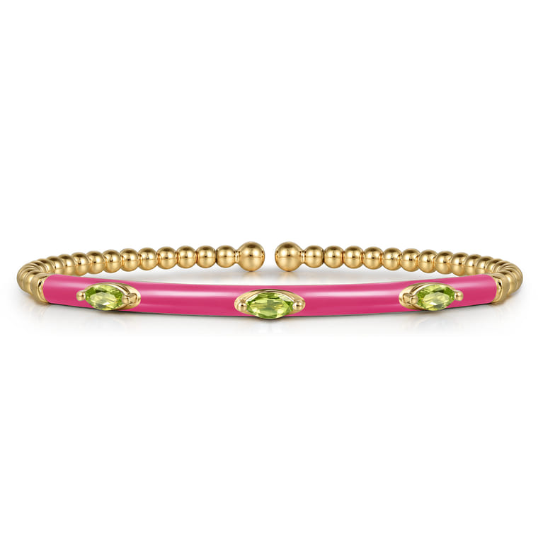 Enamel - 14K Yellow Gold Bujukan Peridot Split Bangle with Fuchsia Enamel - Shot 1
