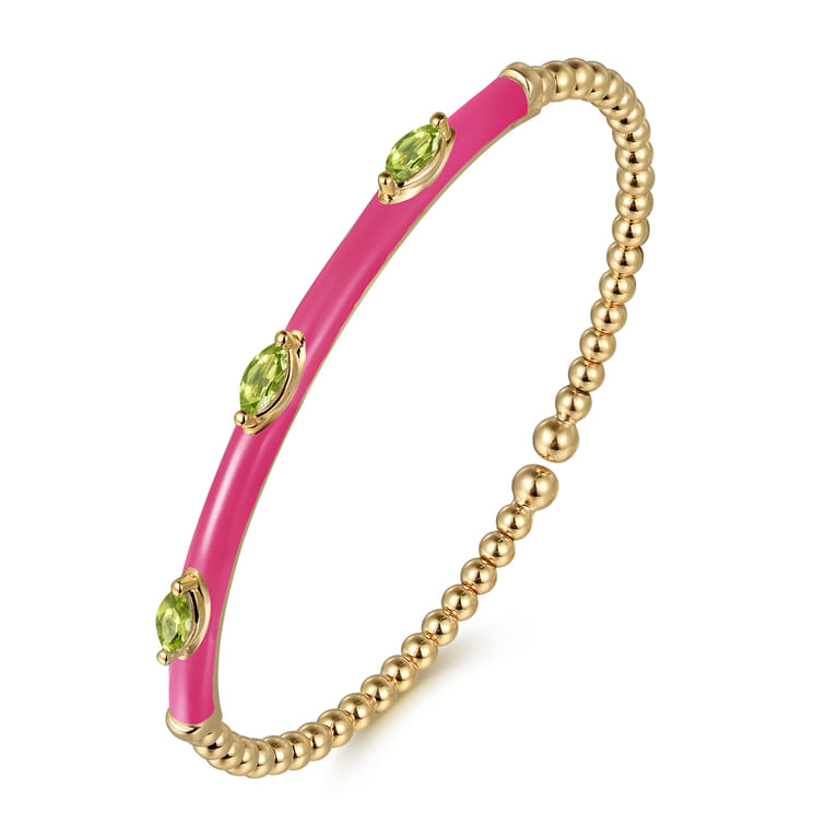 Enamel - 14K Yellow Gold Bujukan Peridot Split Bangle with Fuchsia Enamel - Shot 2