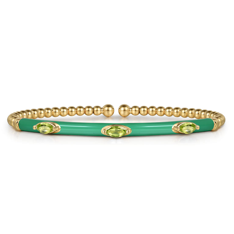 Enamel - 14K Yellow Gold Bujukan Peridot Split Bangle with Mint Green Enamel - Shot 1