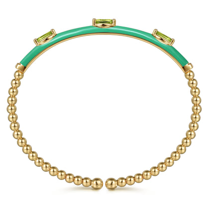 Enamel - 14K Yellow Gold Bujukan Peridot Split Bangle with Mint Green Enamel