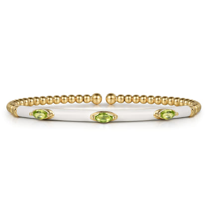 Enamel - 14K Yellow Gold Bujukan Peridot Split Bangle with White Enamel