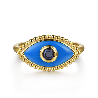 Enamel - 14K Yellow Gold Bujukan Sapphire Evil Eye Ring with Blue Enamel