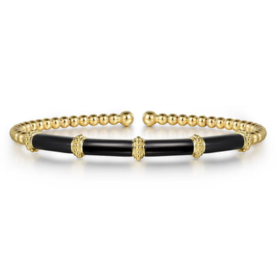 Enamel - 14K Yellow Gold Bujukan and Bar Split Bangle with Black Enamel
