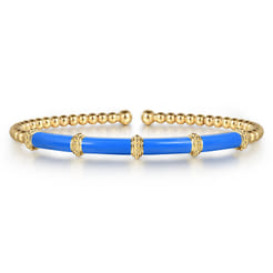 Enamel - 14K Yellow Gold Bujukan and Bar Split Bangle with Blue Enamel