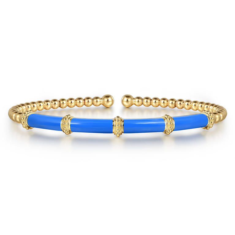 Enamel - 14K Yellow Gold Bujukan and Bar Split Bangle with Blue Enamel - Shot 1