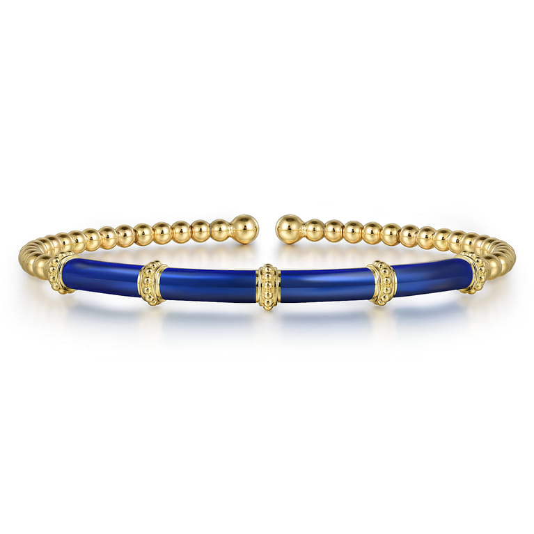 Enamel - 14K Yellow Gold Bujukan and Bar Split Bangle with Chrome Blue Enamel - Shot 1