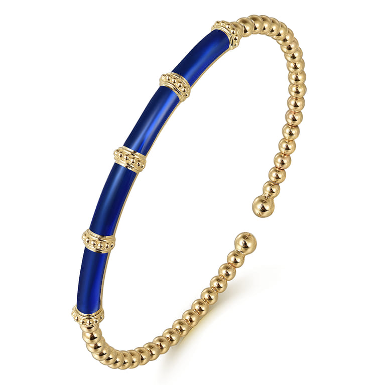 Enamel - 14K Yellow Gold Bujukan and Bar Split Bangle with Chrome Blue Enamel - Shot 2
