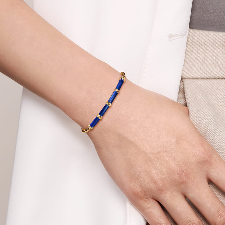 Enamel - 14K Yellow Gold Bujukan and Bar Split Bangle with Chrome Blue Enamel - Shot 4