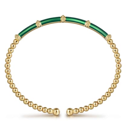 Enamel - 14K Yellow Gold Bujukan and Bar Split Bangle with Chrome Green Enamel