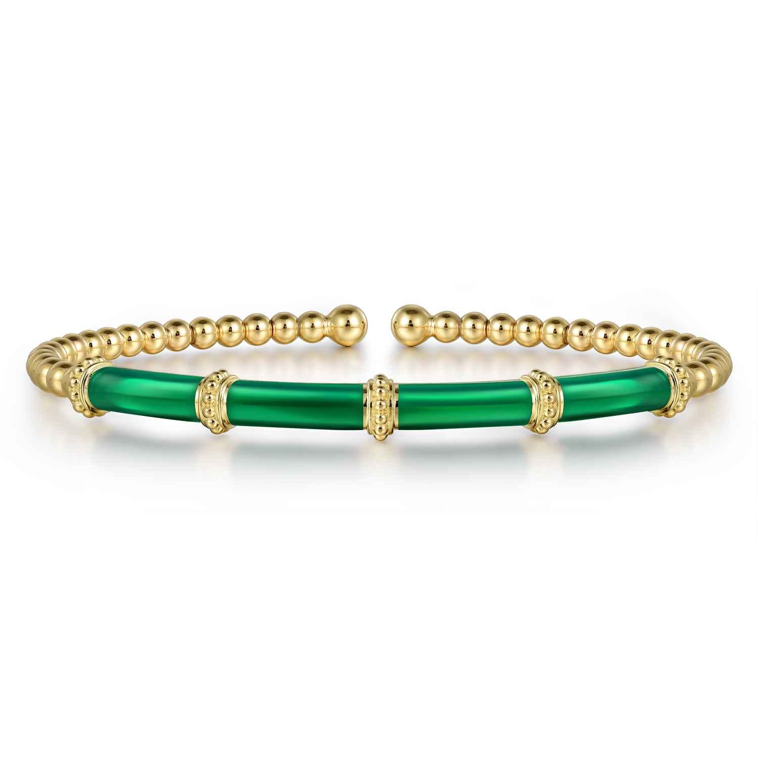 Enamel - 14K Yellow Gold Bujukan and Bar Split Bangle with Chrome Green Enamel - Shot 1