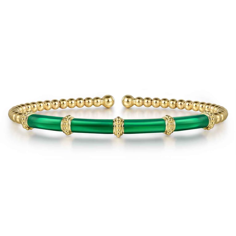 Enamel - 14K Yellow Gold Bujukan and Bar Split Bangle with Chrome Green Enamel - Shot 1