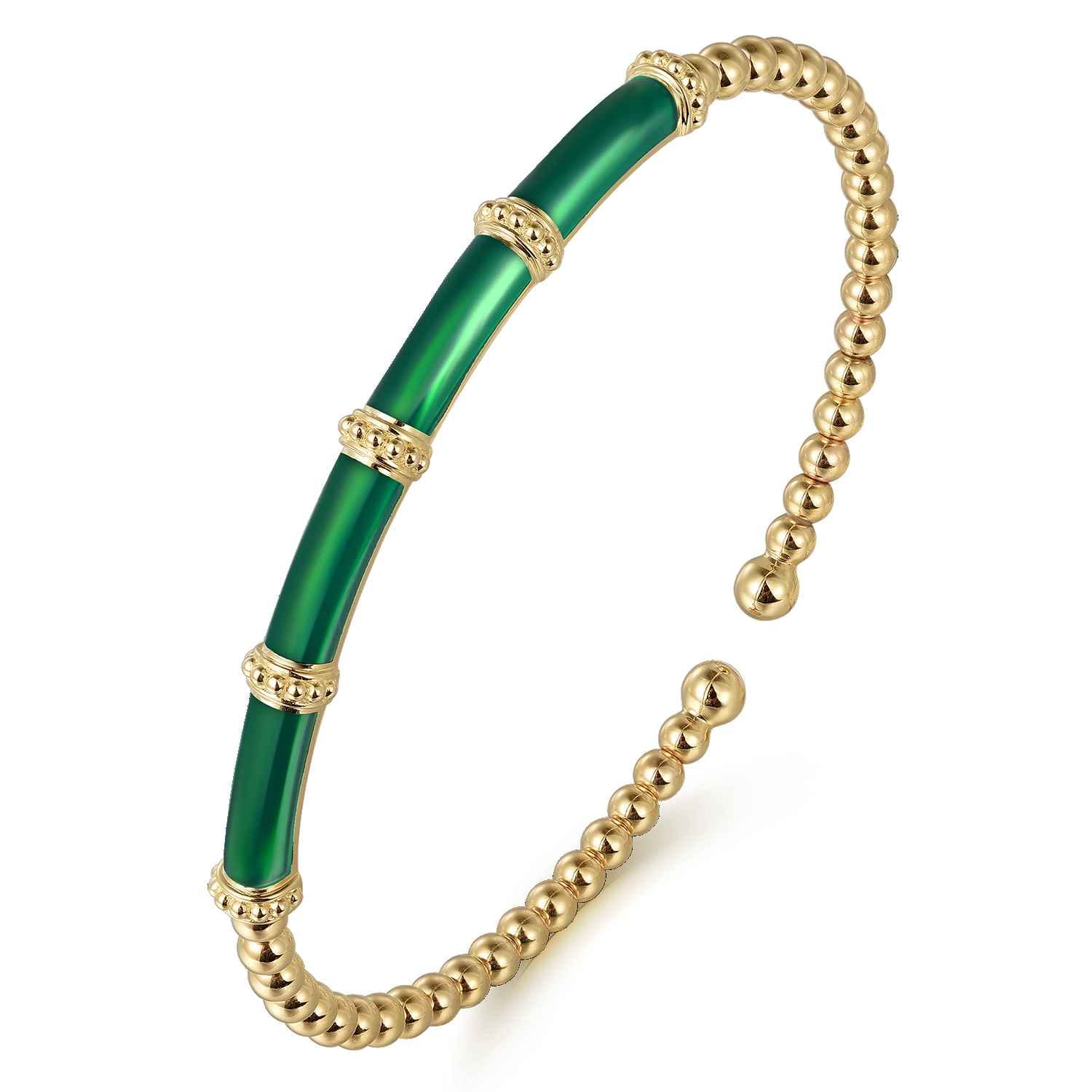 Enamel - 14K Yellow Gold Bujukan and Bar Split Bangle with Chrome Green Enamel - Shot 2