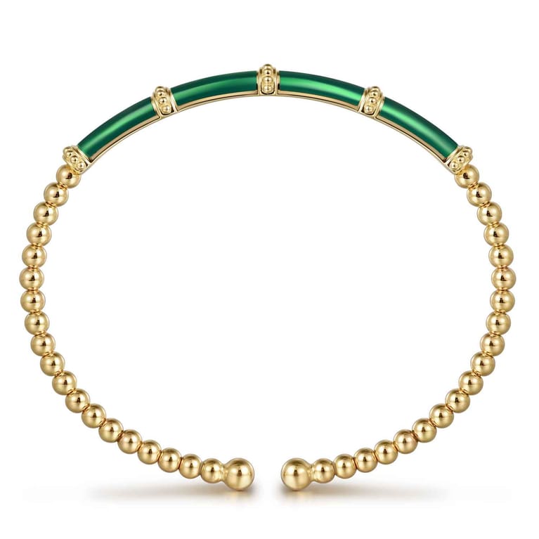 Enamel - 14K Yellow Gold Bujukan and Bar Split Bangle with Chrome Green Enamel - Shot 3