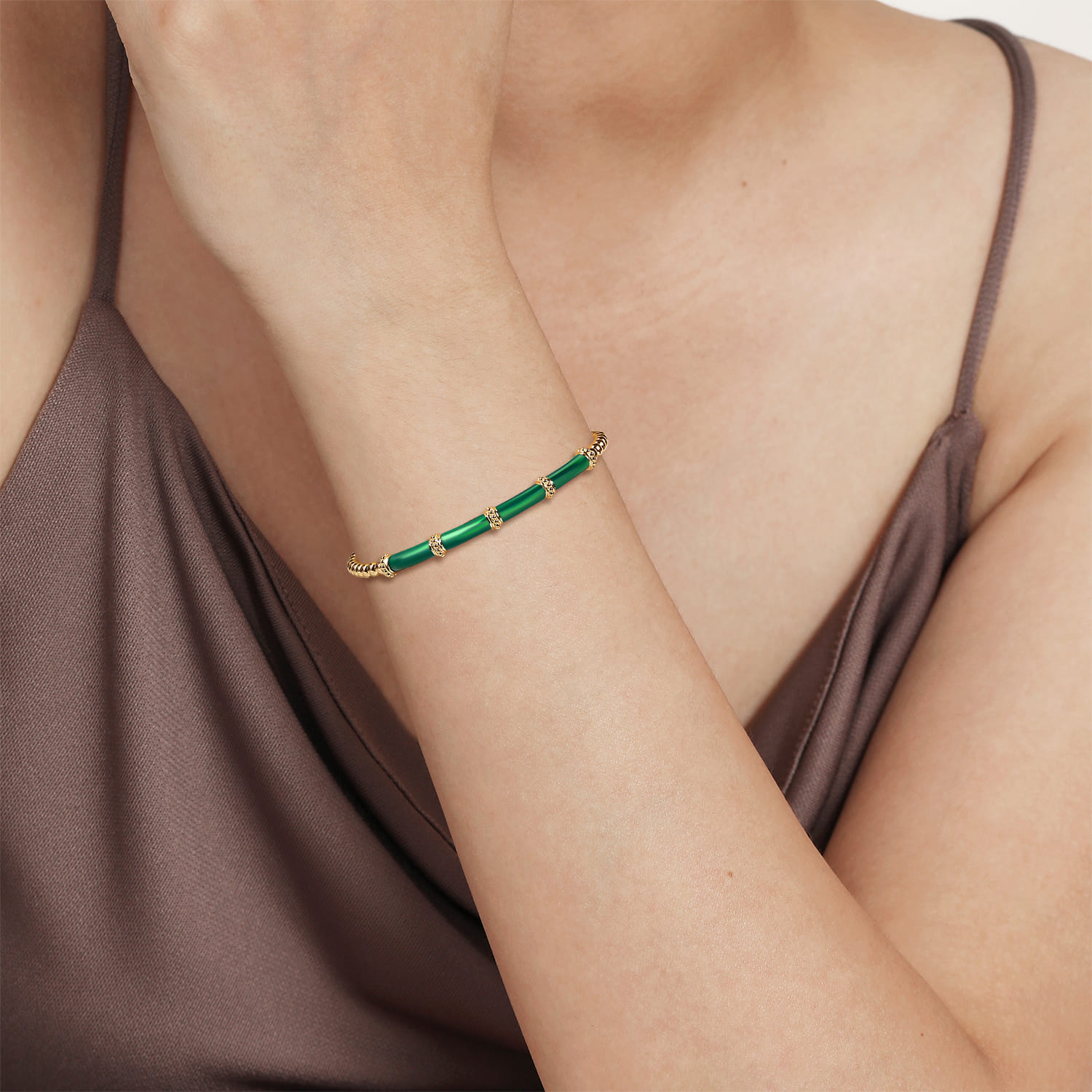 Enamel - 14K Yellow Gold Bujukan and Bar Split Bangle with Chrome Green Enamel - Shot 4