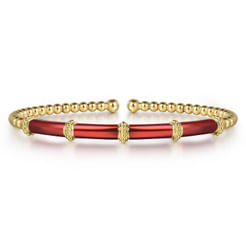 Enamel - 14K Yellow Gold Bujukan and Bar Split Bangle with Chrome Red Enamel