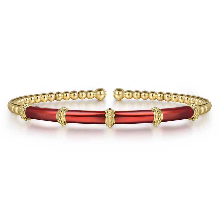 Enamel - 14K Yellow Gold Bujukan and Bar Split Bangle with Chrome Red Enamel - Shot 1