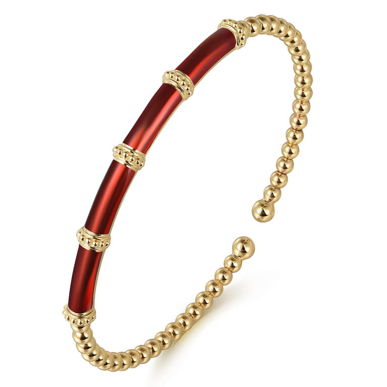 Enamel - 14K Yellow Gold Bujukan and Bar Split Bangle with Chrome Red Enamel - Shot 2